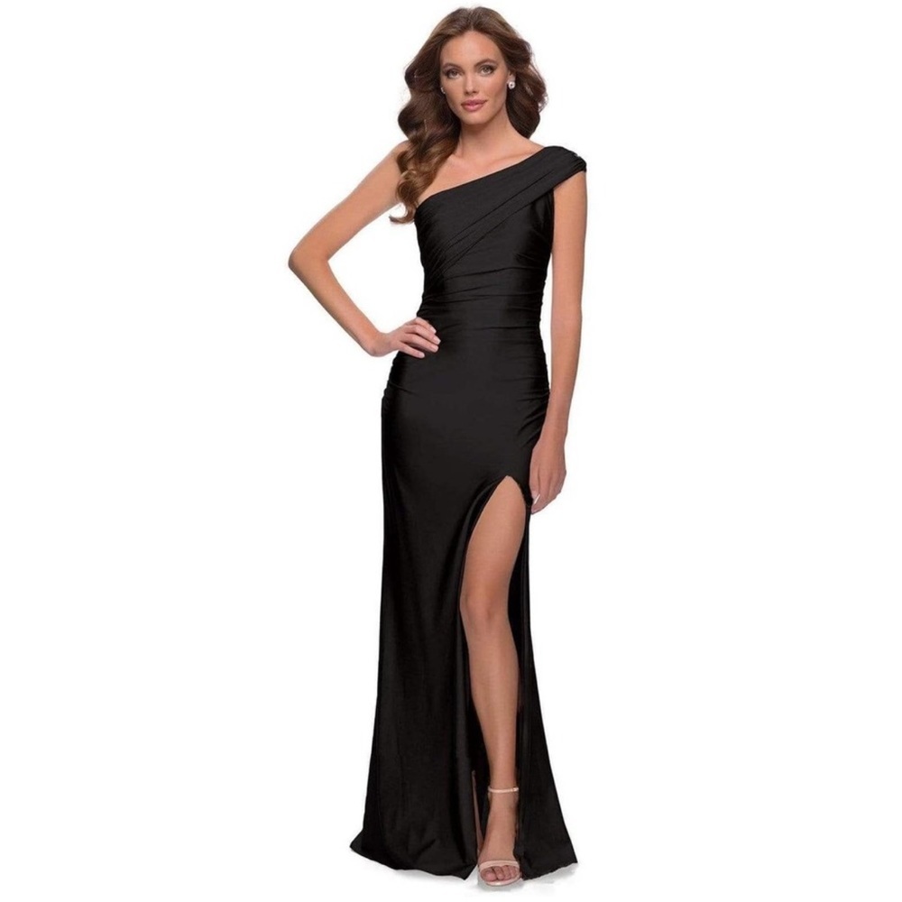 La Femme One-Shoulder Ruched Side Slit Formal Dress Black Size 10 NWT